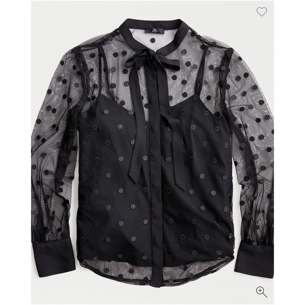 J Crew Sheer Tie Neck Long Sleeve Button Blouse Black Dotted Polka Dot Tulle S - Picture 3 of 16